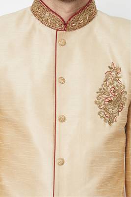 Gold hand embroidered art silk sherwani for men 2