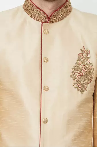 Gold hand embroidered art silk sherwani for men