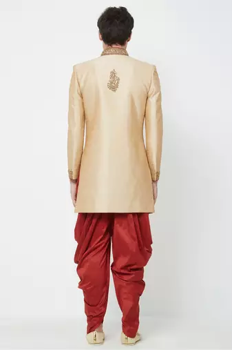 Gold hand embroidered art silk sherwani for men