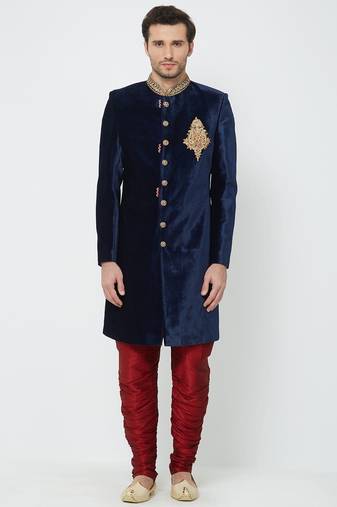 Navy blue hand embroidered velvet sherwani for men