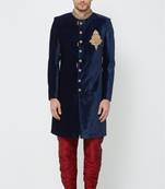 Navy blue hand embroidered velvet sherwani for men