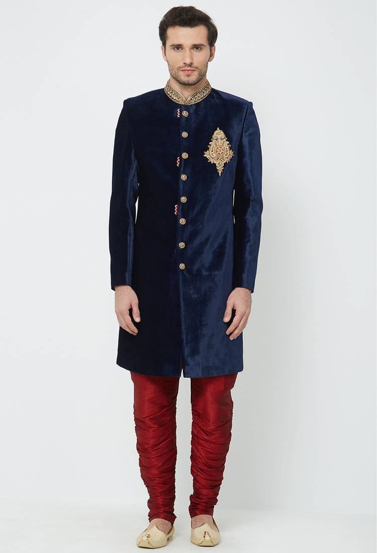 Navy blue hand embroidered velvet sherwani for men