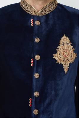 Navy blue hand embroidered velvet sherwani for men 2