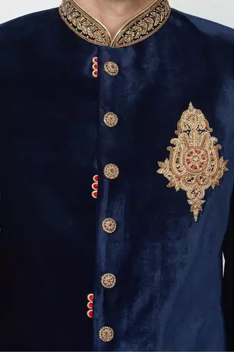 Navy blue hand embroidered velvet sherwani for men