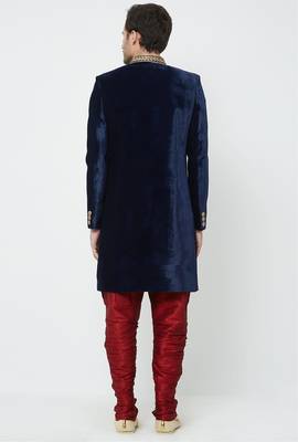 Navy blue hand embroidered velvet sherwani for men 3