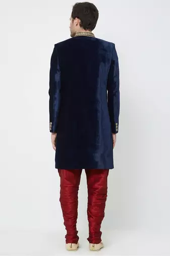 Navy blue hand embroidered velvet sherwani for men