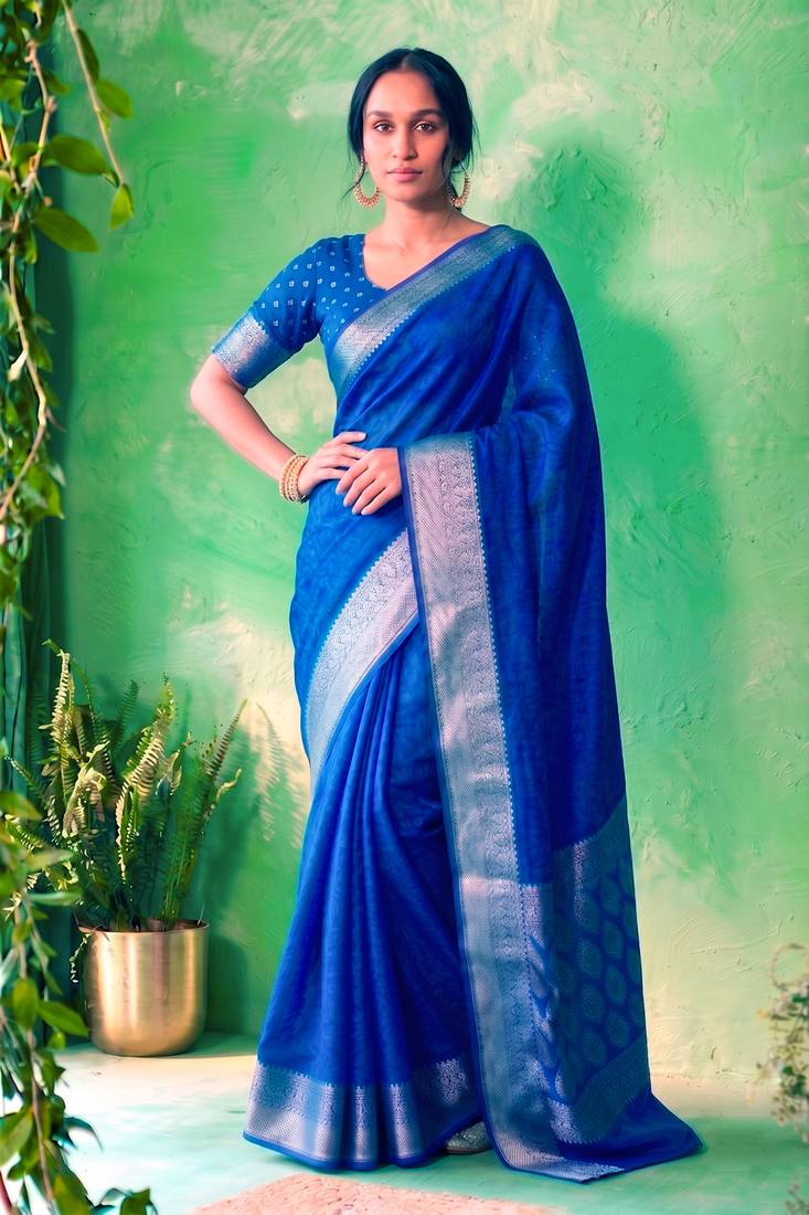 Traditional self print & heavy metallic zari border saree with blouse