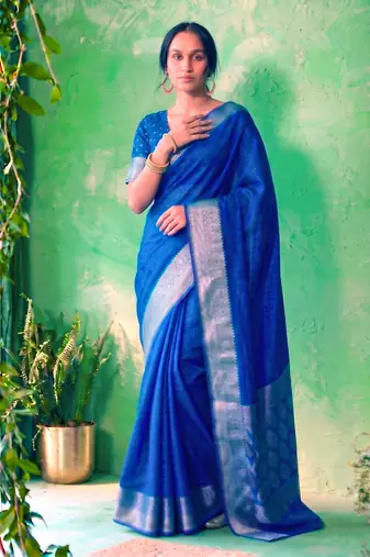 Traditional self print & heavy metallic zari border saree with blouse