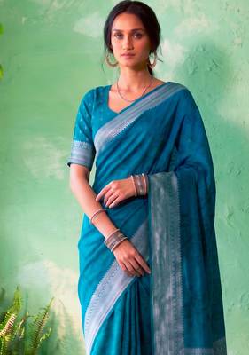 Traditional self print & heavy metallic zari border saree with blouse 2