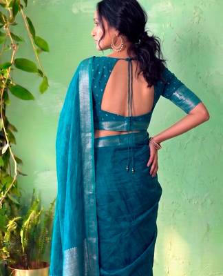 Traditional self print & heavy metallic zari border saree with blouse 3