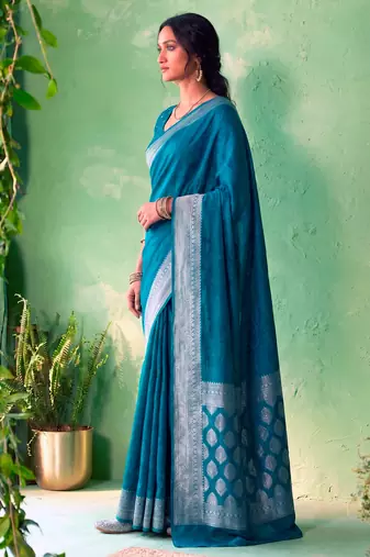 Traditional self print & heavy metallic zari border saree with blouse