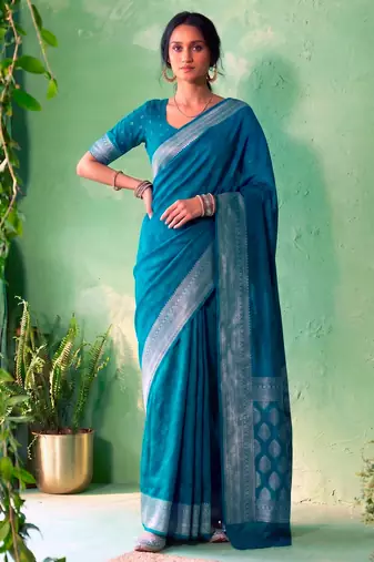 Traditional self print & heavy metallic zari border saree with blouse