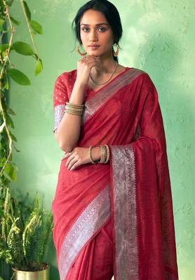 Traditional self print & heavy metallic zari border saree with blouse 2