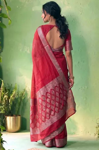 Traditional self print & heavy metallic zari border saree with blouse