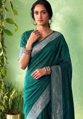 Traditional self print & heavy metallic zari border saree with blouse 2