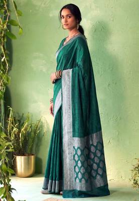 Traditional self print & heavy metallic zari border saree with blouse 5