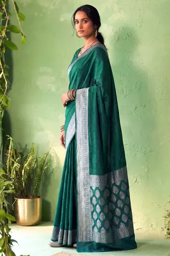 Traditional self print & heavy metallic zari border saree with blouse