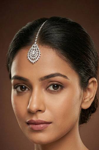 Rhodium plated american diamond maang tikka