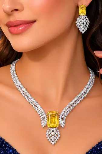 Stunning Citrine Yellow Crystal Necklace Earrings Set Radiant Emerald Cut Bridal Jewelry