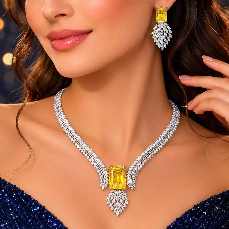 Stunning Citrine Yellow Crystal Necklace Earrings Set Radiant Emerald Cut Bridal Jewelry