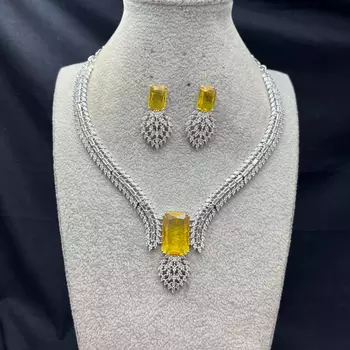 Stunning Citrine Yellow Crystal Necklace Earrings Set Radiant Emerald Cut Bridal Jewelry 1