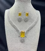 Stunning Citrine Yellow Crystal Necklace Earrings Set Radiant Emerald Cut Bridal Jewelry