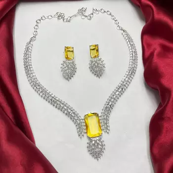 Stunning Citrine Yellow Crystal Necklace Earrings Set Radiant Emerald Cut Bridal Jewelry 3