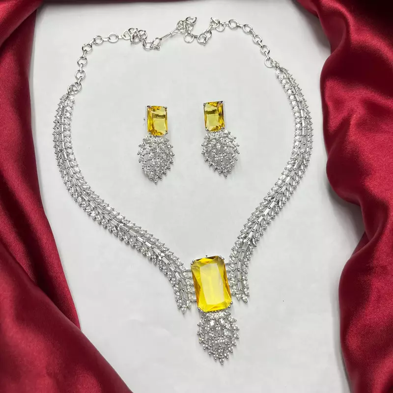 Stunning Citrine Yellow Crystal Necklace Earrings Set Radiant Emerald Cut Bridal Jewelry