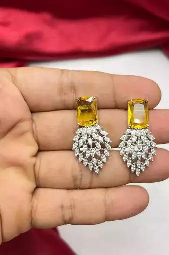 Stunning Citrine Yellow Crystal Necklace Earrings Set Radiant Emerald Cut Bridal Jewelry