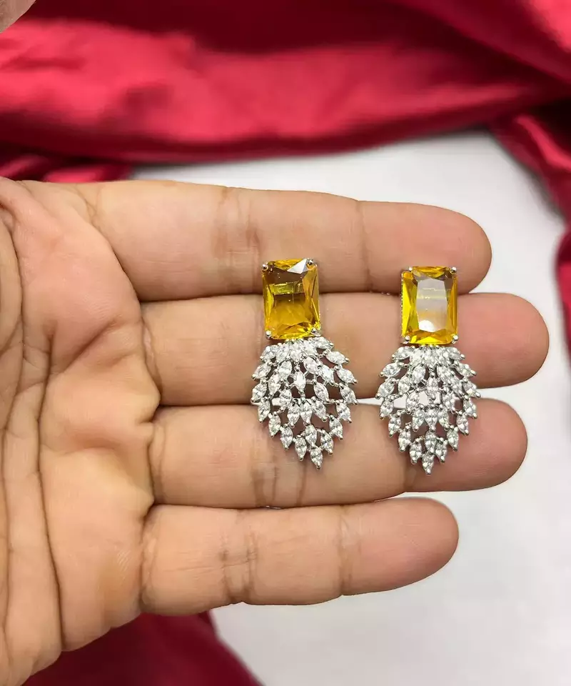 Stunning Citrine Yellow Crystal Necklace Earrings Set Radiant Emerald Cut Bridal Jewelry
