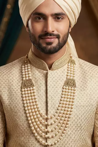   pearl beads dulha groom sherwani mala for   for wedding | layered mala | perfect for groom