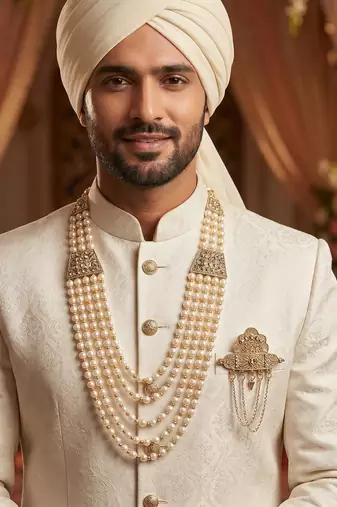   groom sherwani necklace moti mala layered for wedding | groom mala with brooch set