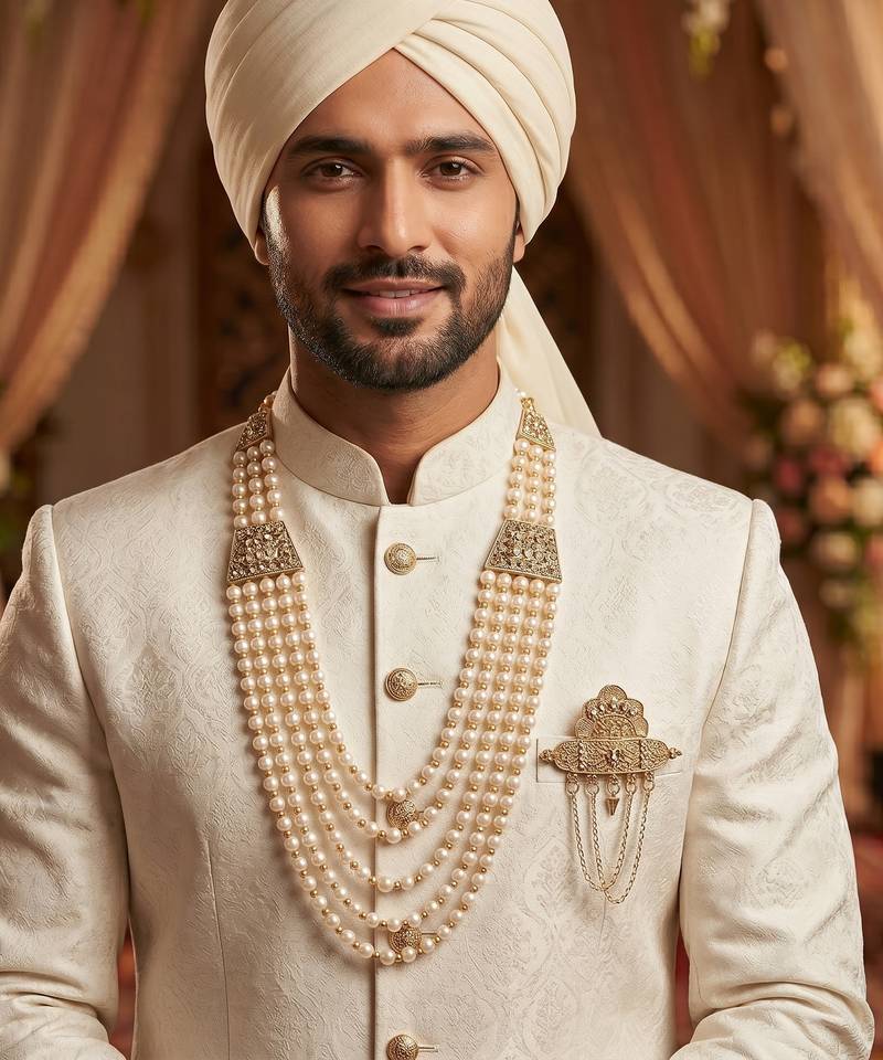   groom sherwani necklace moti mala layered for wedding | groom mala with brooch set