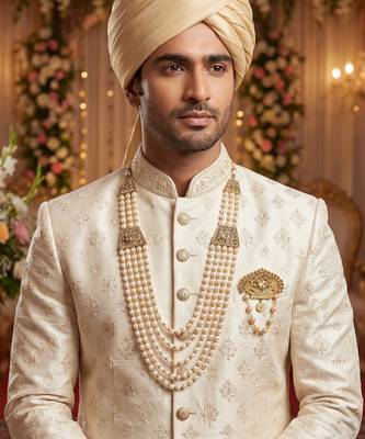   groom sherwani necklace moti mala layered for wedding | groom mala with brooch set 6
