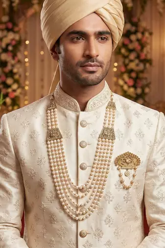   groom sherwani necklace moti mala layered for wedding | groom mala with brooch set