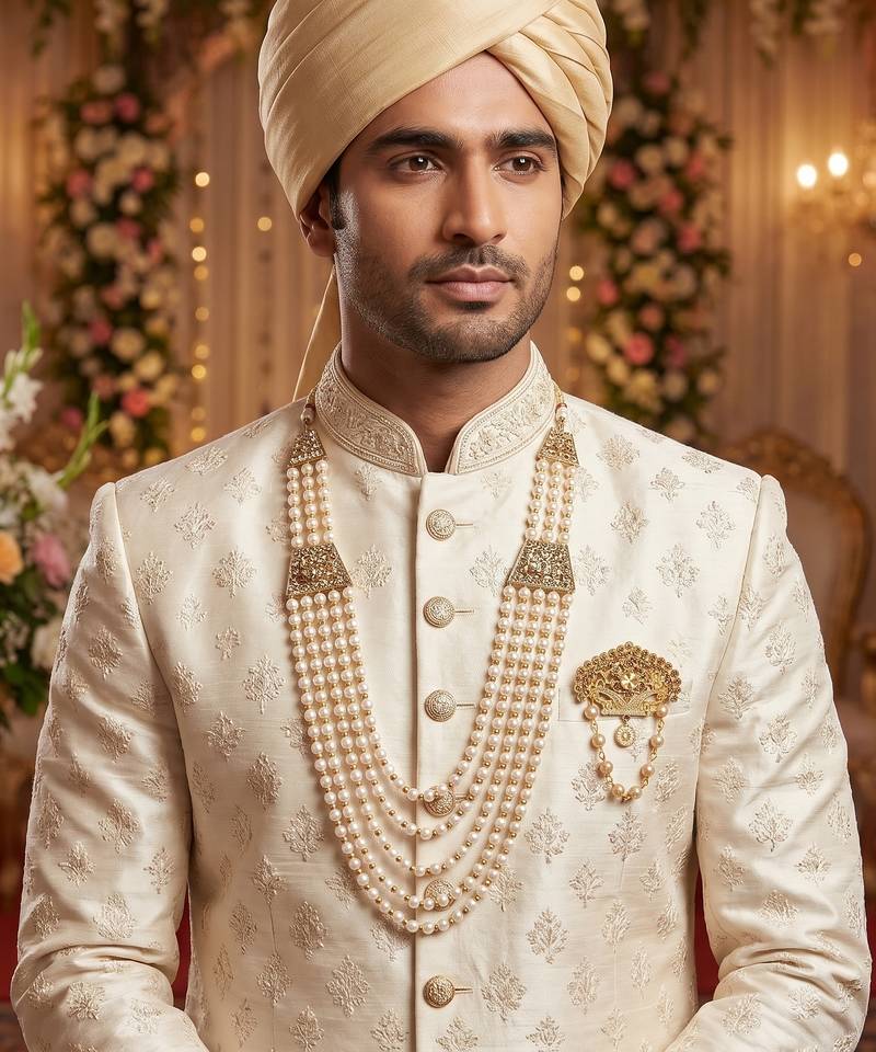   groom sherwani necklace moti mala layered for wedding | groom mala with brooch set