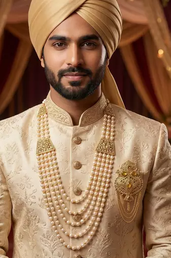   groom sherwani necklace moti mala layered for wedding | groom mala with brooch set