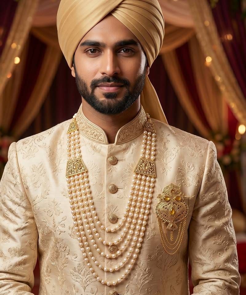   groom sherwani necklace moti mala layered for wedding | groom mala with brooch set