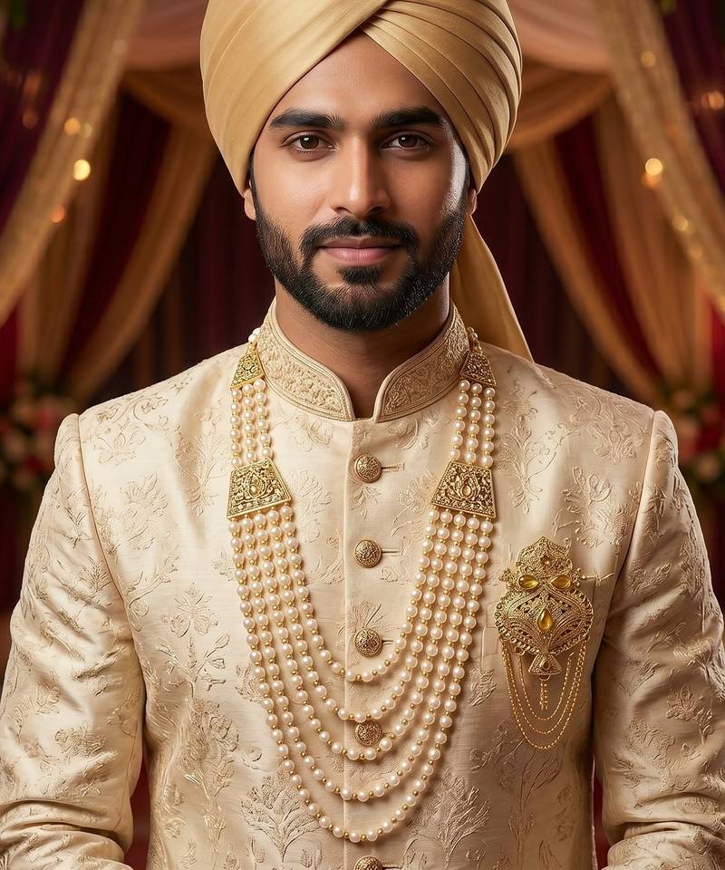   groom sherwani necklace moti mala layered for wedding | groom mala with brooch set