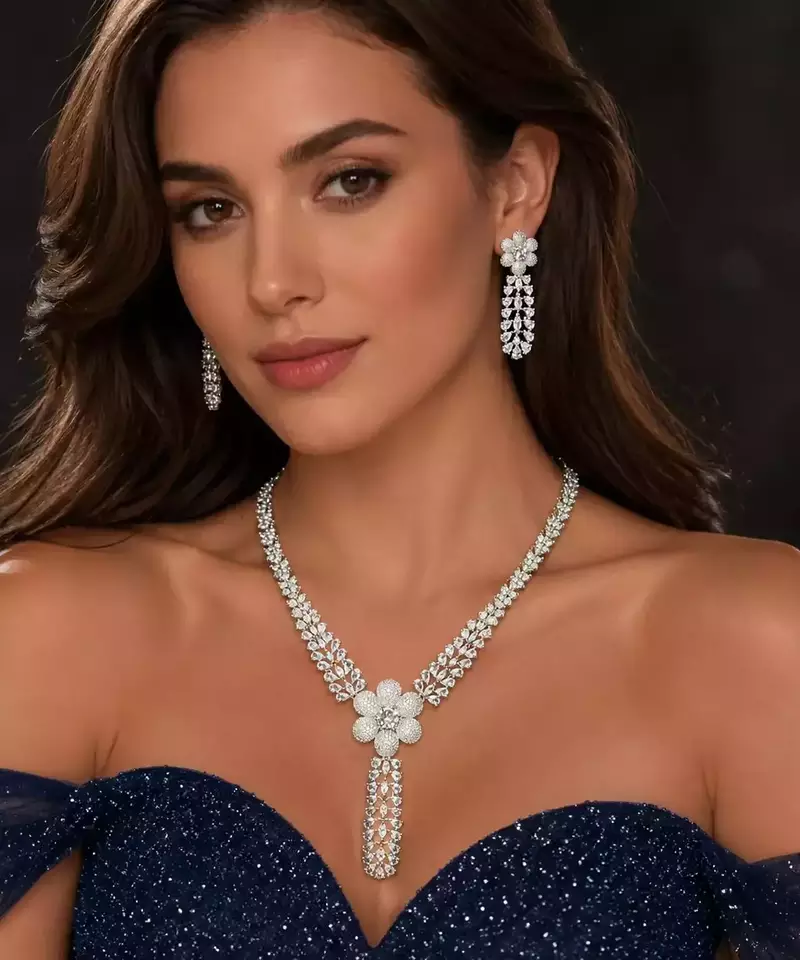 Exquisite Flower Necklace Set Silver Plated Floral Bridal Marquise Cut CZ Drop Earrings