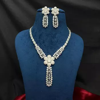 Exquisite Flower Necklace Set Silver Plated Floral Bridal Marquise Cut CZ Drop Earrings 2