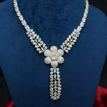 Exquisite Flower Necklace Set Silver Plated Floral Bridal Marquise Cut CZ Drop Earrings 5