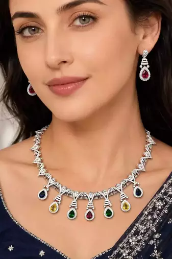 Multi-Gemstone Teardrop Statement Necklace and Earring Set, Silver-Tone Bridal Prom Jewelry