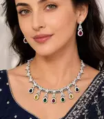 Multi-Gemstone Teardrop Statement Necklace and Earring Set, Silver-Tone Bridal Prom Jewelry