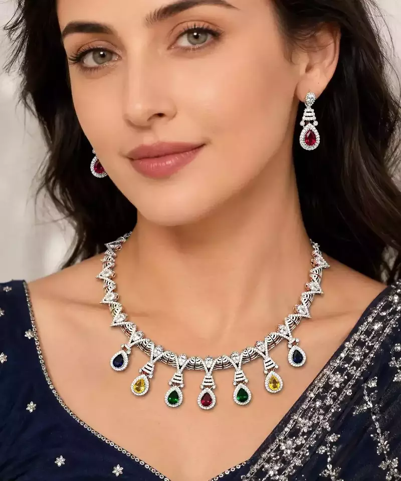 Multi-Gemstone Teardrop Statement Necklace and Earring Set, Silver-Tone Bridal Prom Jewelry