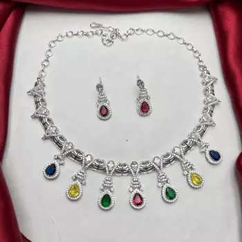 Multi-Gemstone Teardrop Statement Necklace and Earring Set, Silver-Tone Bridal Prom Jewelry 2
