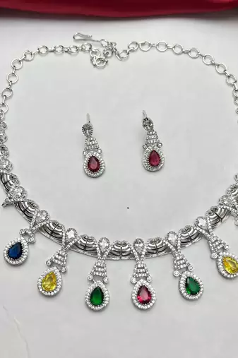 Multi-Gemstone Teardrop Statement Necklace and Earring Set, Silver-Tone Bridal Prom Jewelry