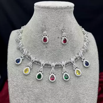 Multi-Gemstone Teardrop Statement Necklace and Earring Set, Silver-Tone Bridal Prom Jewelry 4