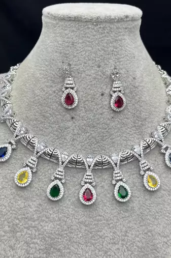 Multi-Gemstone Teardrop Statement Necklace and Earring Set, Silver-Tone Bridal Prom Jewelry