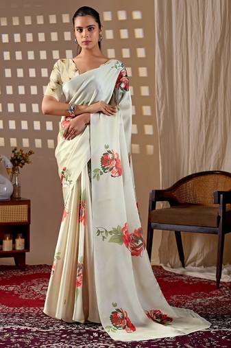 Elegant Off White Floral Print Saree for Women